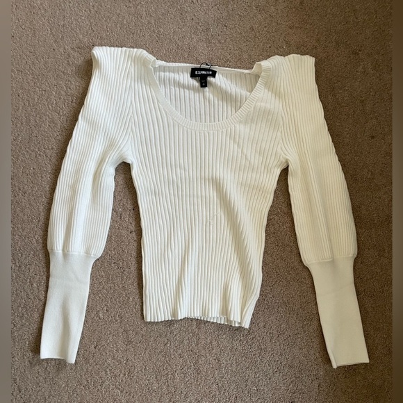 Express White Ribbed Sharp Shoulder Balloon Sleeve Sweater Size Small - Picture 9 of 9